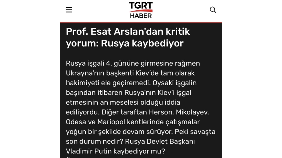 Akademi Derneği Yönetim Kurulu Üyesi Prof. Dr. Esat Arslan Rusya Hakkında Değerlendirmelerde Bulundu